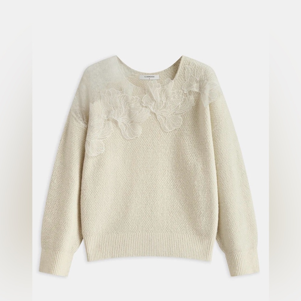 Commense floral lace sweater semi sheer round neck sweater